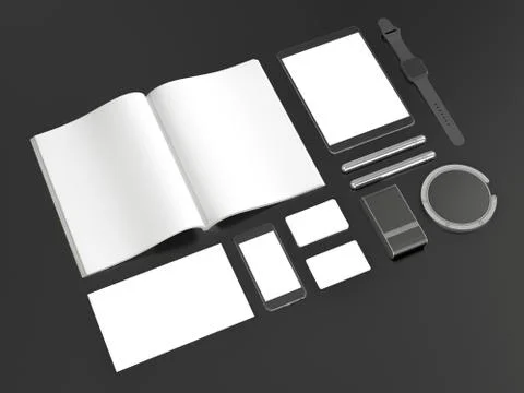 Grey branding mockup. Template set on black background. 3d rendering. 3D illu Stockillustratie