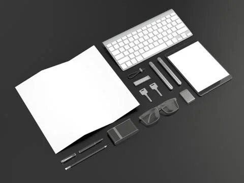 Grey branding mockup. Template set on black background. 3d rendering. 3D illu Stockillustratie