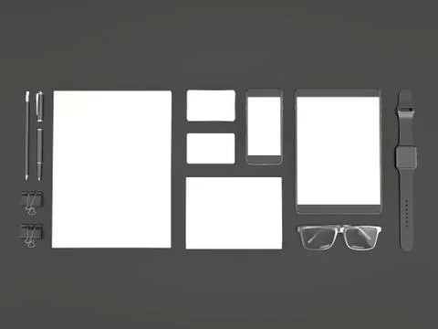 Grey branding mockup. Template set on black background. 3d rendering. 3D illu 库存插图