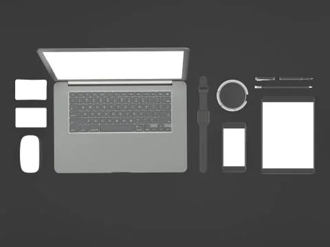 Grey branding mockup. Template set on black background. 3d rendering. 3D illu Stock Illustration