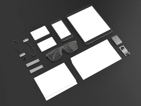 Grey branding mockup. Template set on black background. 3d rendering. 3D illu Illustrazione stock
