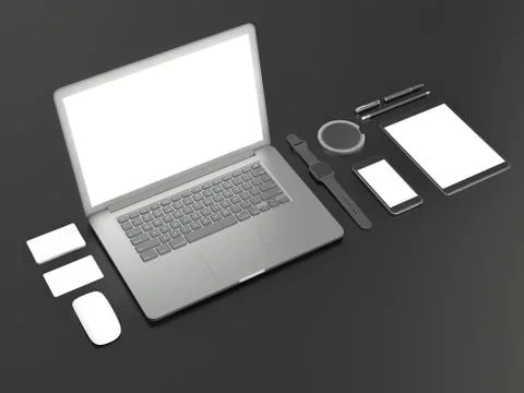 Grey branding mockup. Template set on black background. 3d rendering. 3D illu Illustrazione stock
