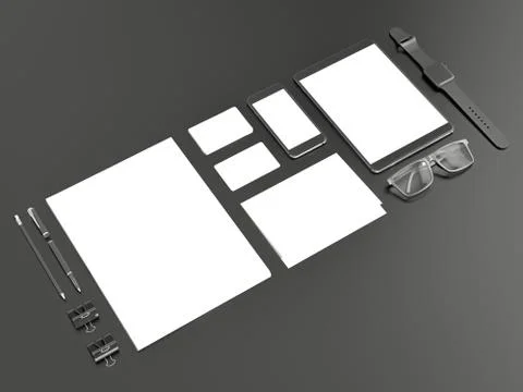 Grey branding mockup. Template set on black background. 3d rendering. 3D illu Illustrazione stock