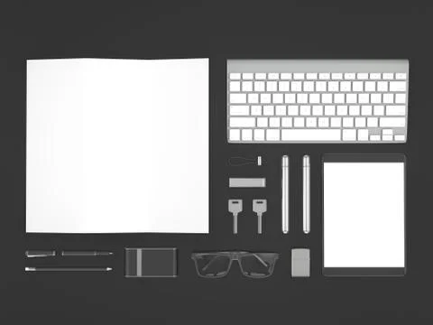 Grey branding mockup. Template set on black background. 3d rendering. 3D illu Stock Illustration