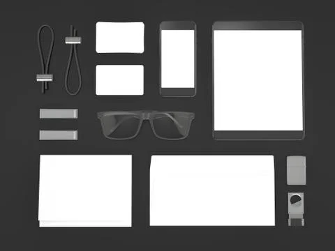 Grey branding mockup. Template set on black background. 3d rendering. 3D illu イラスト素材