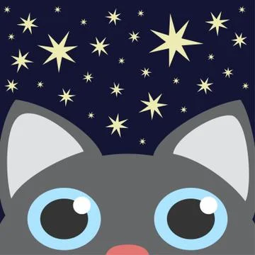 Grey Cat Looking Up In Night Star Sky Stock Illustration