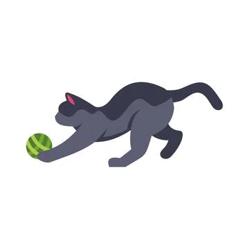 Grey cat playing with green yarn ball Stock Illustration