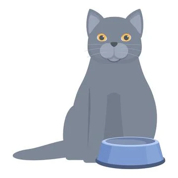 Grey cat sitting near empty bowl Stock Illustration