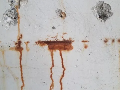 Grey cement wall with red rust dripping down Stock Photos