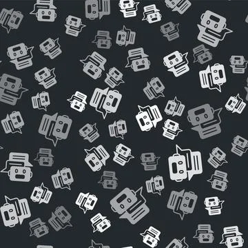Grey Chat bot icon isolated seamless pattern on black background. Chatbot i.. Stock Illustration