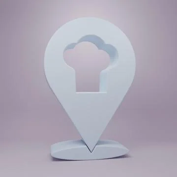 Grey Chef hat with location icon isolated on purple background. Cooking sym.. Ilustración de archivo