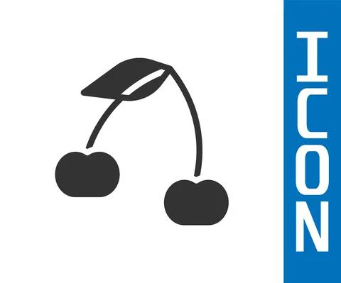 Grey Cherry icon isolated on white background. Fruit with leaf symbol. Vector Stock Illustration