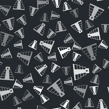 Grey Chichen Itza in Mayan icon isolated seamless pattern on black background Stock Illustration