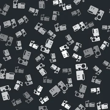 Grey Cinema camera icon isolated seamless pattern on black background. Video Stock Illustration