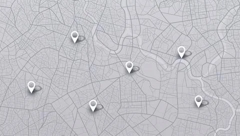 Grey city map with 3D white location pins and shadows. Vector illustration. Stock Illustration