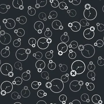 Grey Clock delete icon isolated seamless pattern on black background. Time Illustrazione stock