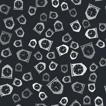 Grey Clock icon isolated seamless pattern on black background. Time symbol Stock Illustration