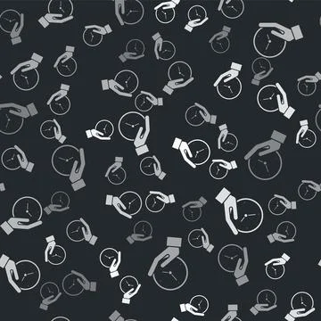 Grey Clock icon isolated seamless pattern on black background. Time symbol Stock Illustration