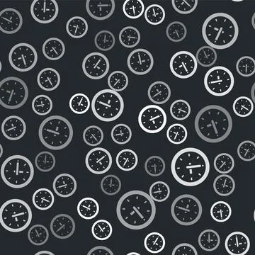 Grey Clock icon isolated seamless pattern on black background. Time symbol Illustrazione stock