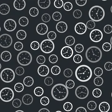 Grey Clock icon isolated seamless pattern on black background. Time symbol Stock Illustration