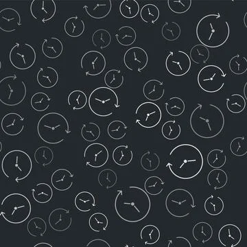Grey Clock icon isolated seamless pattern on black background. Time symbol Illustrazione stock