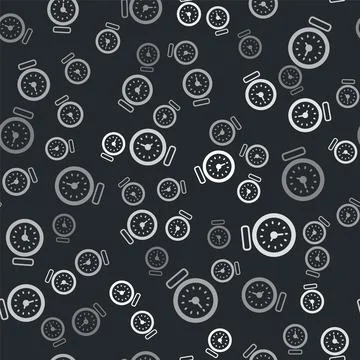 Grey Clock icon isolated seamless pattern on black background. Time symbol Stock Illustration