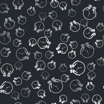 Grey Clock icon isolated seamless pattern on black background. Time symbol.   Stock Illustration