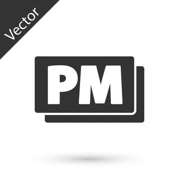 Grey Clock PM icon isolated on white background. Time symbol. Vector Stock Illustration
