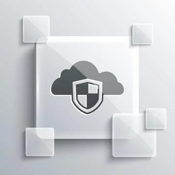 Grey Cloud and shield icon isolated on grey background. Cloud storage data Illustrazione stock
