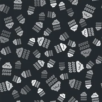 Grey Cloud with rain icon isolated seamless pattern on black background. Rain Stock Illustration