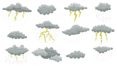 Grey clouds with rain and lightning. Drawing of thunderclouds or thunder is.. Stock Illustration