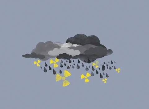 Grey clouds raining drops of water and radioactive symbols Stock Illustration