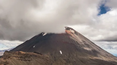 Grey clouds sky over volcano mountains Mount Doom in Tongariro nature Time lapse Stock Footage 106276016