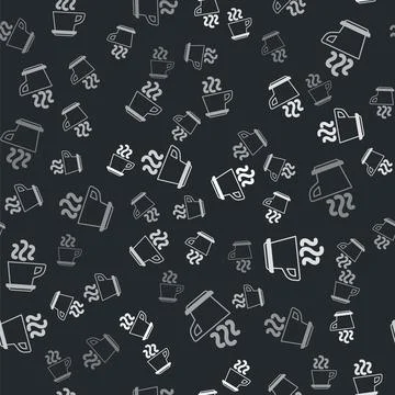 Grey Coffee cup icon isolated seamless pattern on black background. Tea cup. Hot Stock Illustration