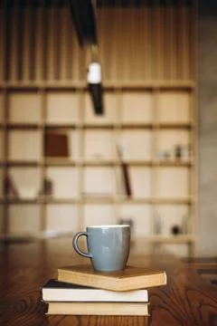 Grey coffee cup on a stack of books with a library background, copy space. Stock Photos