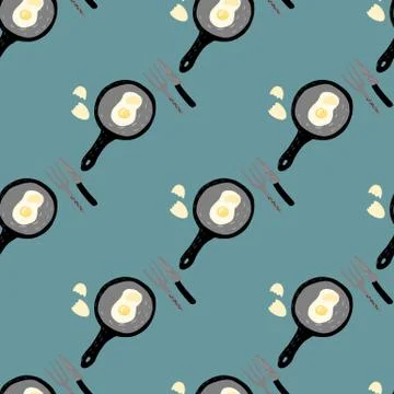 Grey colored breakfast dishware seamless pattern. Omelette brunch print on pa Stock Illustration