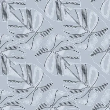 Grey colored monstera elements seamless doodle pattern in pale tones. Simple  Stock Illustration