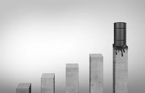 Grey columns standing in ascending order and leaking oil barrel on highest one Stock Illustration