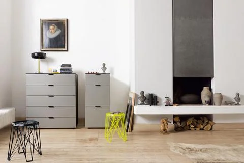 Grey commode with drawers in apartment interior Stock Illustration