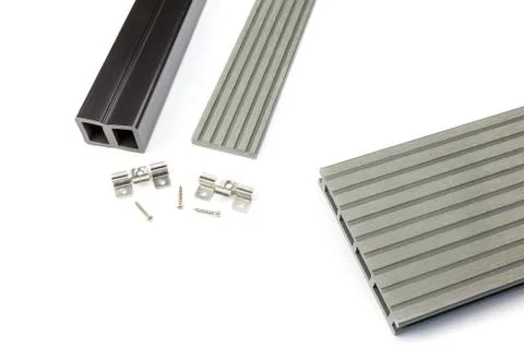 Grey composite decking board with mounting material Stock Photos