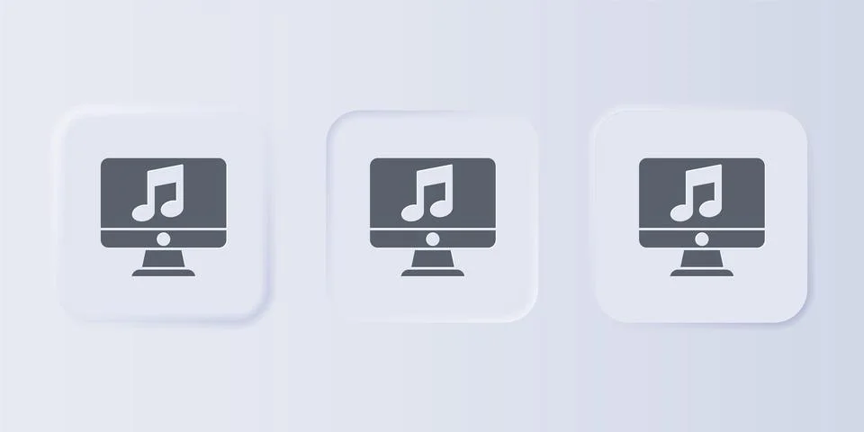 Grey Computer with music note symbol on screen icon isolated on grey backgr.. Stock-Illustration