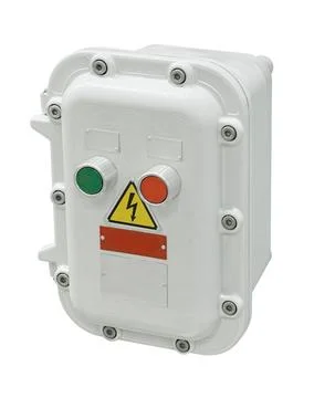 Grey control panel with red and green electric buttons Stock Photos