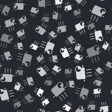 Grey Cooking pot and kitchen timer icon isolated seamless pattern on black .. Stock Illustration
