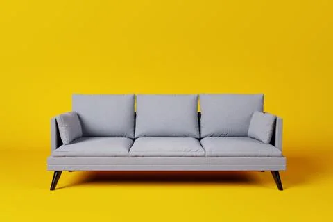 Grey couch with pillows on studio yellow background. Stock Illustration