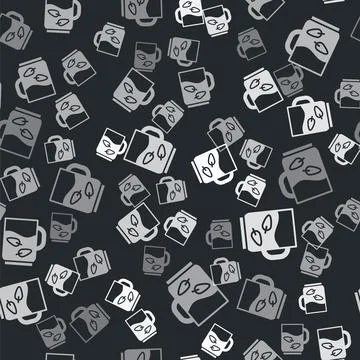Grey Cup of tea and leaf icon isolated seamless pattern on black background Illustrazione stock