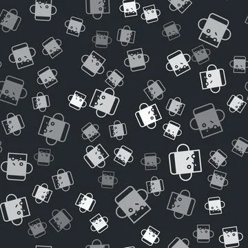 Grey Cup of tea and leaf icon isolated seamless pattern on black background Illustrazione stock