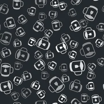Grey Cup of tea with tea bag icon isolated seamless pattern on black background Stock Illustration