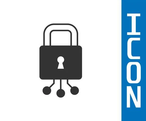 Grey Cyber security icon isolated on white background. Closed padlock on digital Illustrazione stock