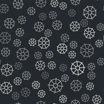 Grey Dharma wheel icon isolated seamless pattern on black background. Buddhism Stock Illustration