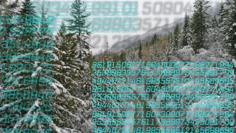 Grey digits arising above starting teal code panels sweeping over snow road and Stock Footage 333774613